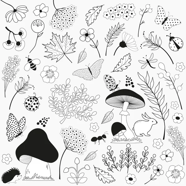 버섯과 곤충과 꽃 패턴 — 스톡 벡터