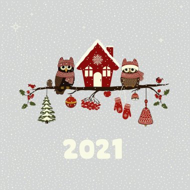 Şube ve Noel unsurları üzerine Noel baykuşlarının olduğu tebrik kartı