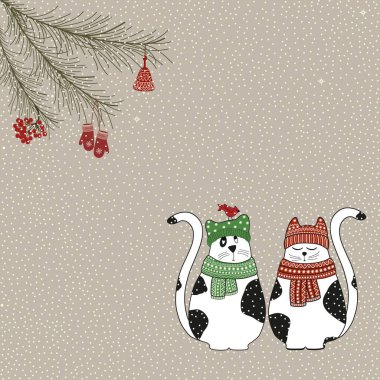 Bej arka planda sevimli çizgi film kedileri olan Noel kartı.