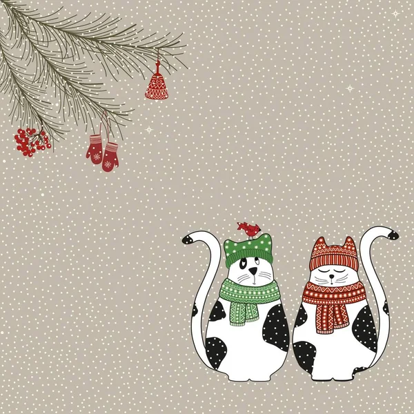 クリスマスカードかわいい漫画猫とともにベージュの背景 — ストックベクタ