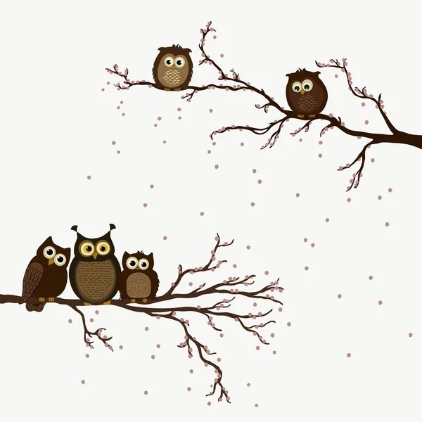 Cute Owls Branch Spring — Stock Vector