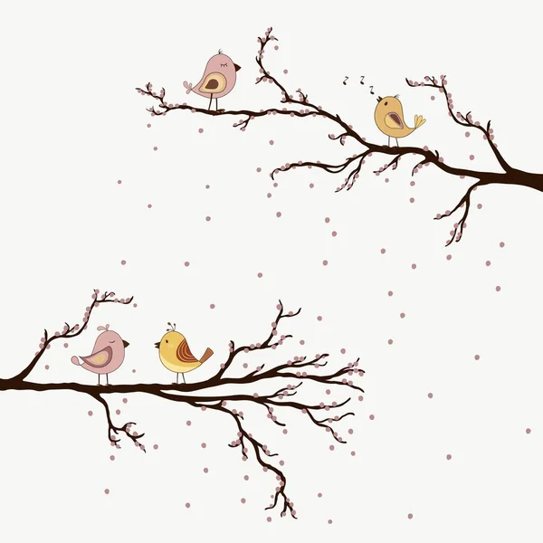 Cute Birds Branch Spring — Stock Vector