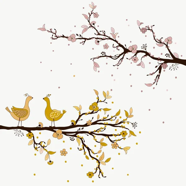Pássaros Bonitos Ramo Primavera — Vetor de Stock