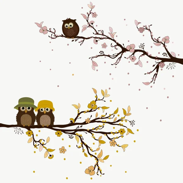 Lindos Búhos Dibujos Animados Rama Primavera — Vector de stock