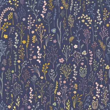 Kusursuz desen. Mavi arka planda renkli yabani bitkiler