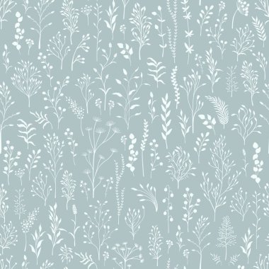 Kusursuz desen. Mavi arka planda bir grup yabani bitki