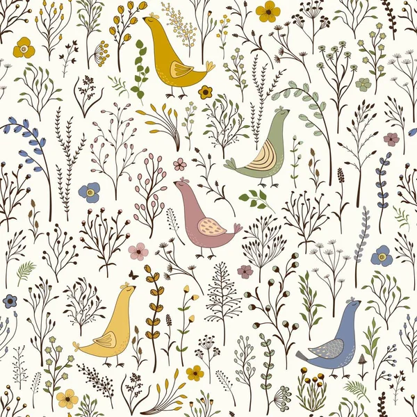 Patrón Sin Costura Floral Con Lindas Aves Dibujos Animados Sobre — Archivo Imágenes Vectoriales