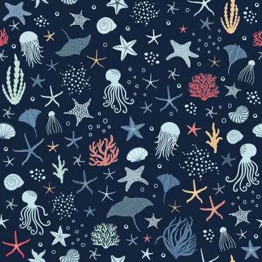 Mavi arka planda balıklar, deniz canlıları ve deniz yıldızlarıyla kusursuz desenler.
