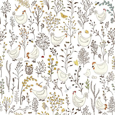  Çiçeksiz desenli, beyaz arka planda çizgi film tavuğu.