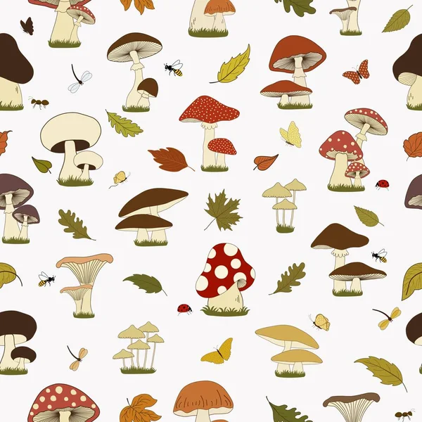 Seamless Pattern Cartoon Mushrooms Leaves Insects White Background — Archivo Imágenes Vectoriales