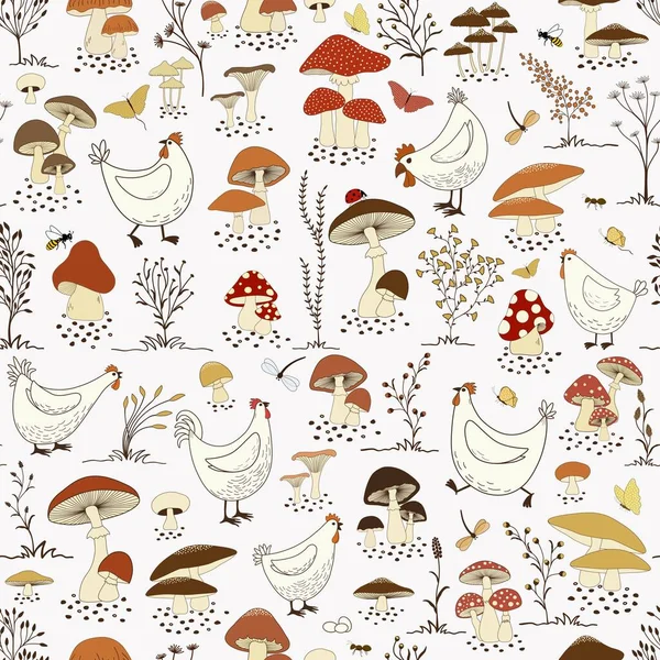 Nahtloses Muster Mit Cartoon Hühnern Und Niedlichen Cartoon Pilzen Auf — Stockvektor