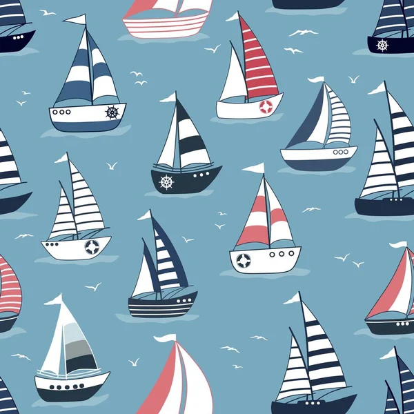 Морской Бесшовный Рисунок Мультяшными Лодками Силуэтами Птиц Синем Фоне — стоковый вектор