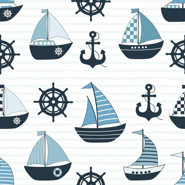 Padrão Sem Costura Com Barcos Desenhos Animados Elementos Náuticos Fundo —  Vetores de Stock