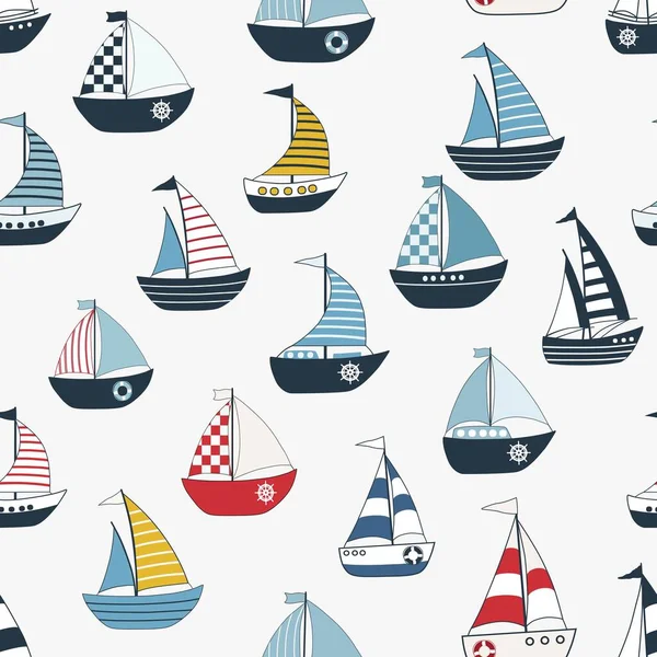 Marine Seamless Pattern Cartoon Boats White Background — Stock Vector