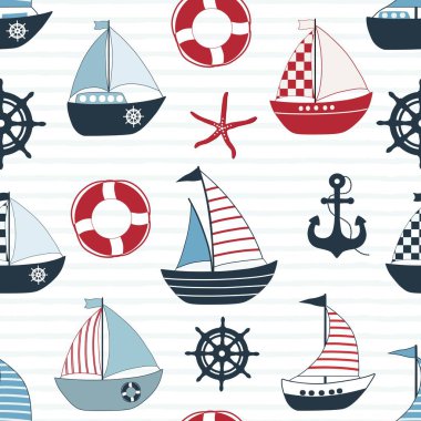 Mavi ve beyaz çizgili arka planda karikatür tekneleri ve deniz unsurları olan kusursuz desen