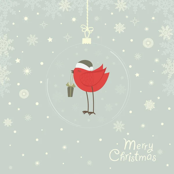 Ευχετήρια κάρτα με μια μπάλα Χριστούγεννα με ένα κόκκινο πουλί — Διανυσματικό Αρχείο