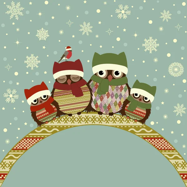 Carte de voeux de Noël avec famille de hiboux — Image vectorielle