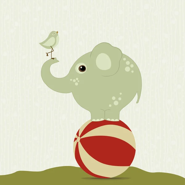 Elefante en la pelota con un pájaro — Vector de stock