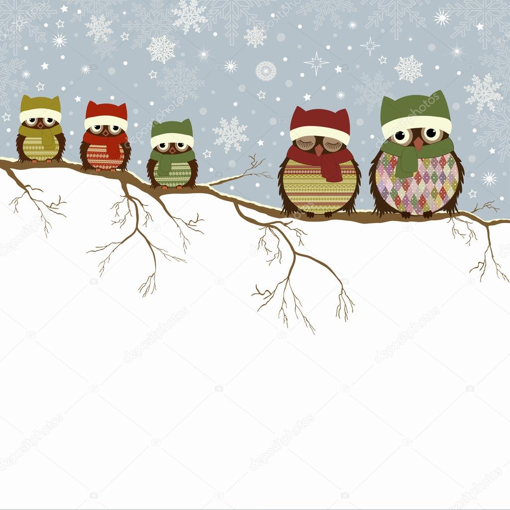 Christmas greeting card with family of owls