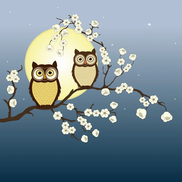 Pair of owls on branch in night — ストックベクタ