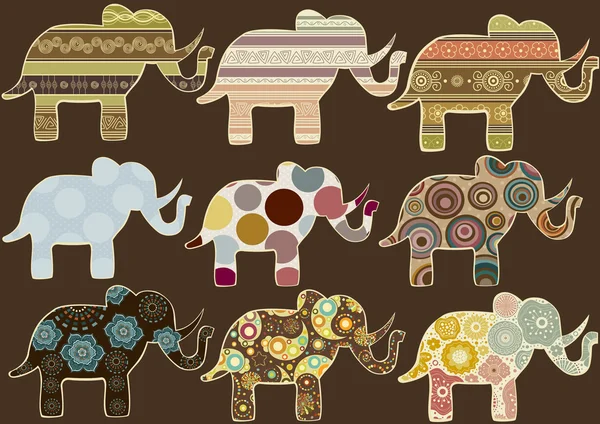 Conjunto de elefantes ornamentais estilizados abstratos — Vetor de Stock
