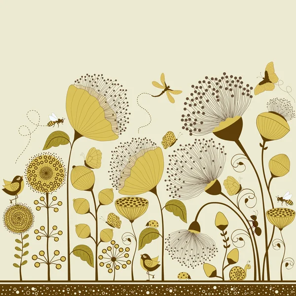 Tarjeta floral con flores estilizadas y mariposas — Vector de stock