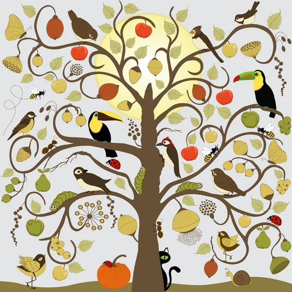Abstract stylized tree with birds, insect and fruit — Stock Vector