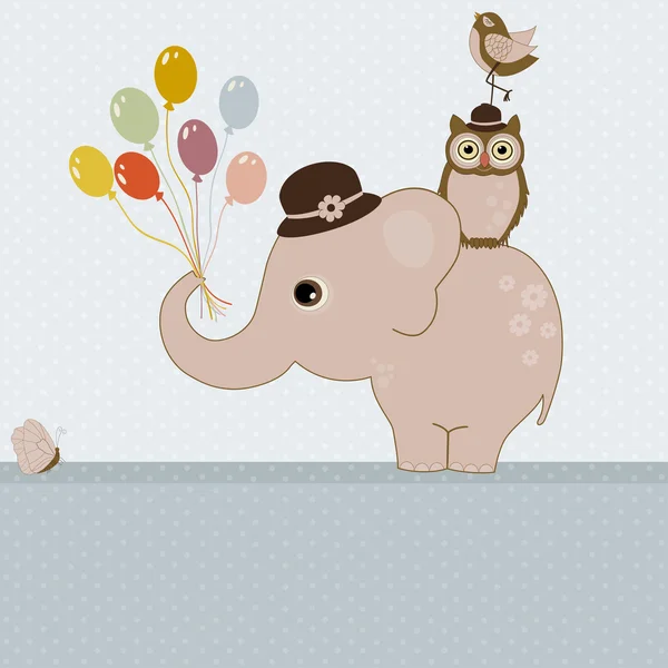 Tarjeta de felicitación con elefante rosa lindo con globos y aves — Vector de stock