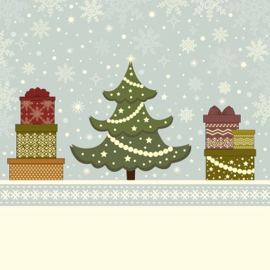 Noel ağacı ve hediye kutuları ile Noel kartı