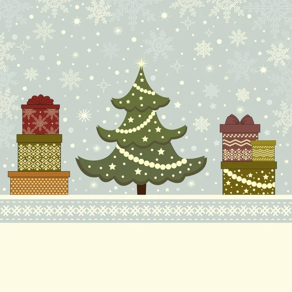 Tarjeta de Navidad con árbol de Navidad y cajas de regalo — Archivo Imágenes Vectoriales