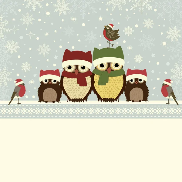 Baykuşlar aile ile Noel tebrik kartı