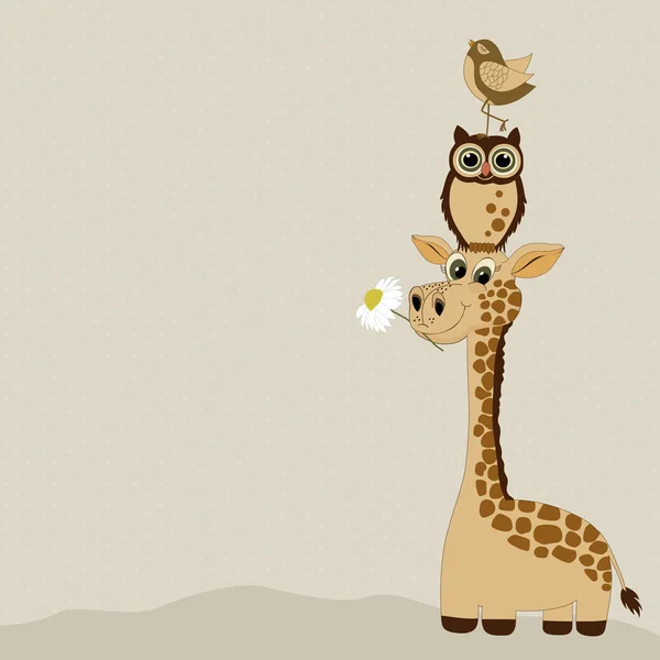 Grußkarte mit niedlicher Giraffe und Vögeln — Stockvektor