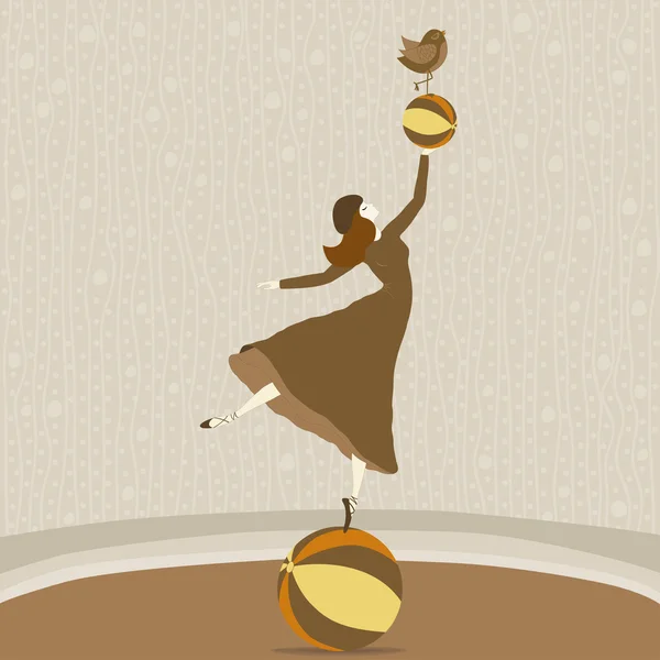 A beautiful dancer on the ball with a ball and a bird — Stock Vector