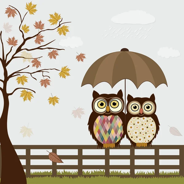 Χαριτωμένο κουκουβάγιες σε ένα φράχτη για το φθινόπωρο — Διανυσματικό Αρχείο