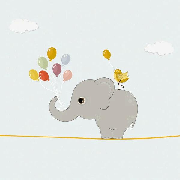 Милый слон с разноцветными воздушными шарами и птицей — стоковый вектор