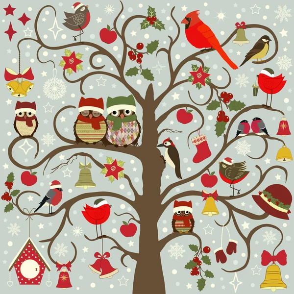 Tarjeta de felicitación con árbol de Navidad y pájaros — Archivo Imágenes Vectoriales