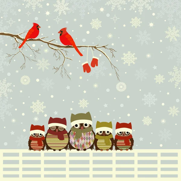 Christmas greeting card with family of owls on fence — Stock Vector