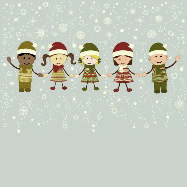 Boże Narodzenie kartkę z życzeniami z dziećmi w Kostiumy sylwestrowe — Wektor stockowy