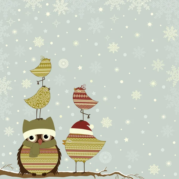 Tarjeta de Navidad una rama con búho y pájaros — Archivo Imágenes Vectoriales