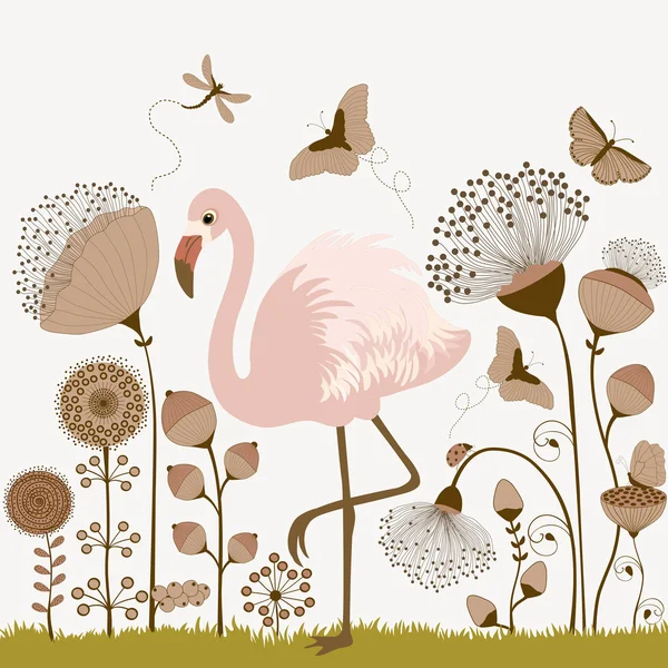 Fundo floral com flamingo — Vetor de Stock