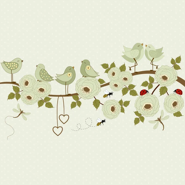 Roztomilé ptáky na větvi s růží — Stockový vektor