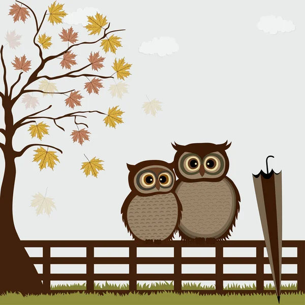 Cute owls on a fence in autumn — Stock Vector