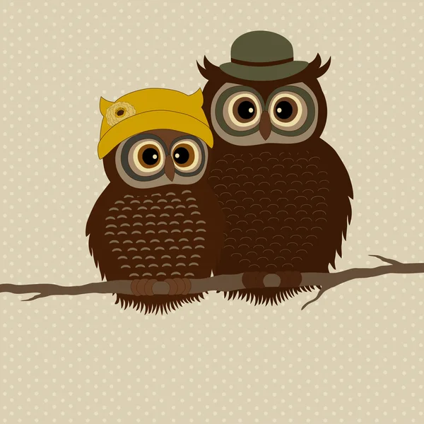 Owls with hats on branch — Stock Vector