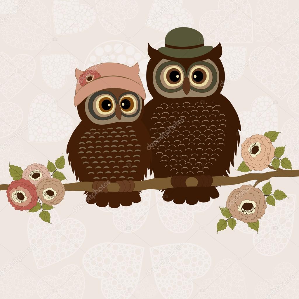 Cute owls on a branch with roses 