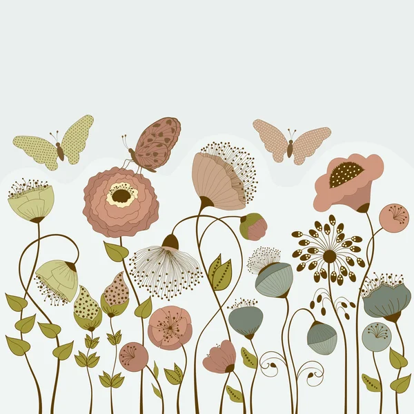 Blumenkarte mit Blumen und Schmetterlingen — Stockvektor