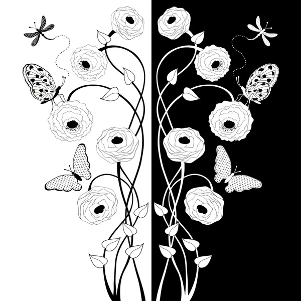 Composición floral en blanco y negro — Vector de stock