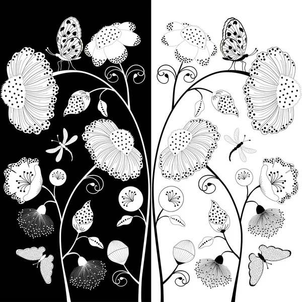 Musta ja valkoinen kukka koostumus — vektorikuva