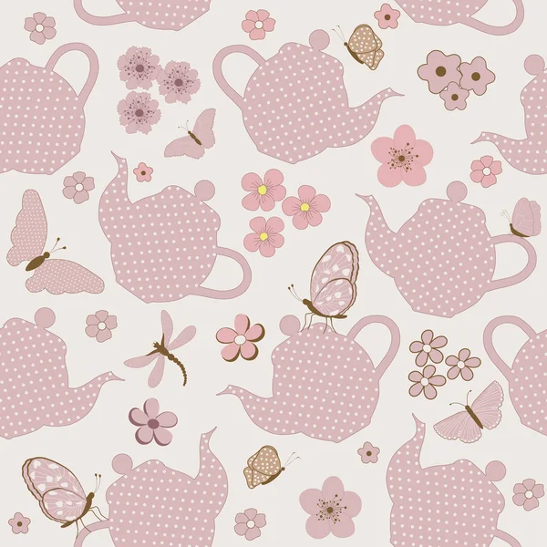Безшовний візерунок з чайниками і квітами, і метеликами — стоковий вектор