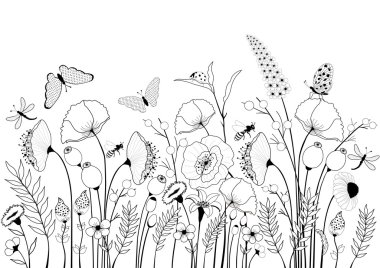 Yabani çiçekler ve kelebekler kartı