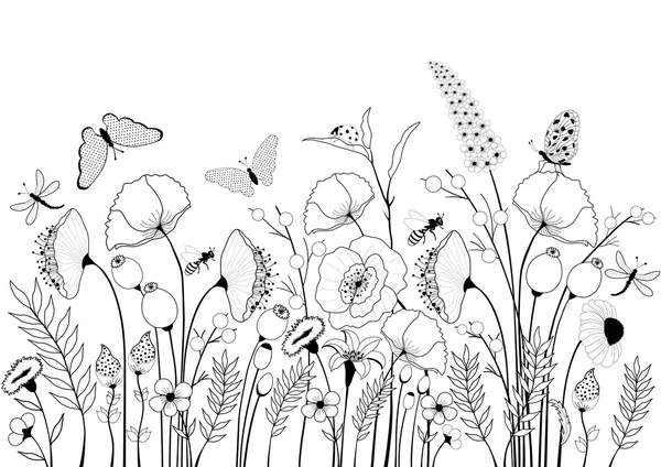 Yabani çiçekler ve kelebekler kartı
